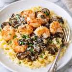 Copycat Carrabba’s Pasta Weesie with shrimp, mushrooms, and creamy Parmesan garlic sauce served over pasta on a white plate on a marble countertop