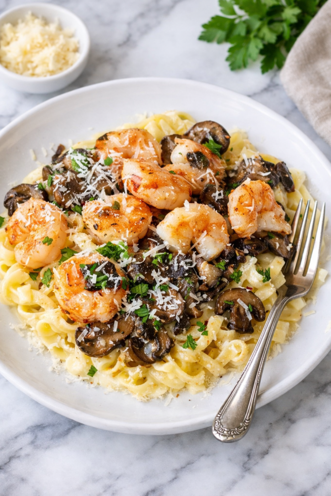 Copycat Carrabba’s Pasta Weesie with shrimp, mushrooms, and creamy Parmesan garlic sauce served over pasta on a white plate on a marble countertop