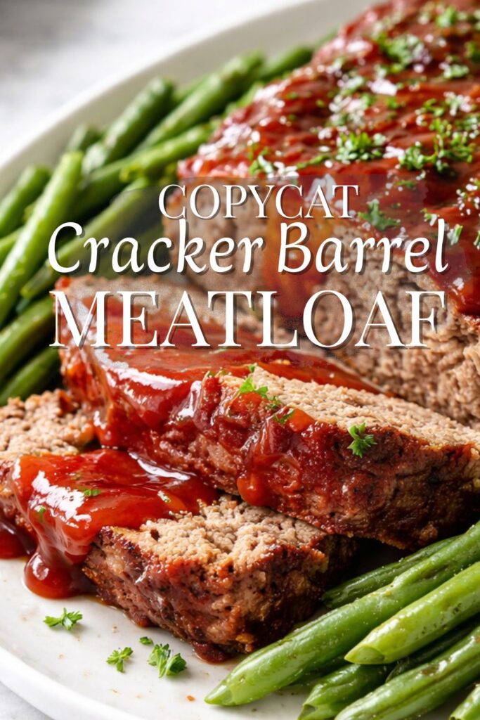 Sliced copycat Cracker Barrel meatloaf topped with a glossy sweet tangy glaze, served with green beans on a white platter on a marble countertop