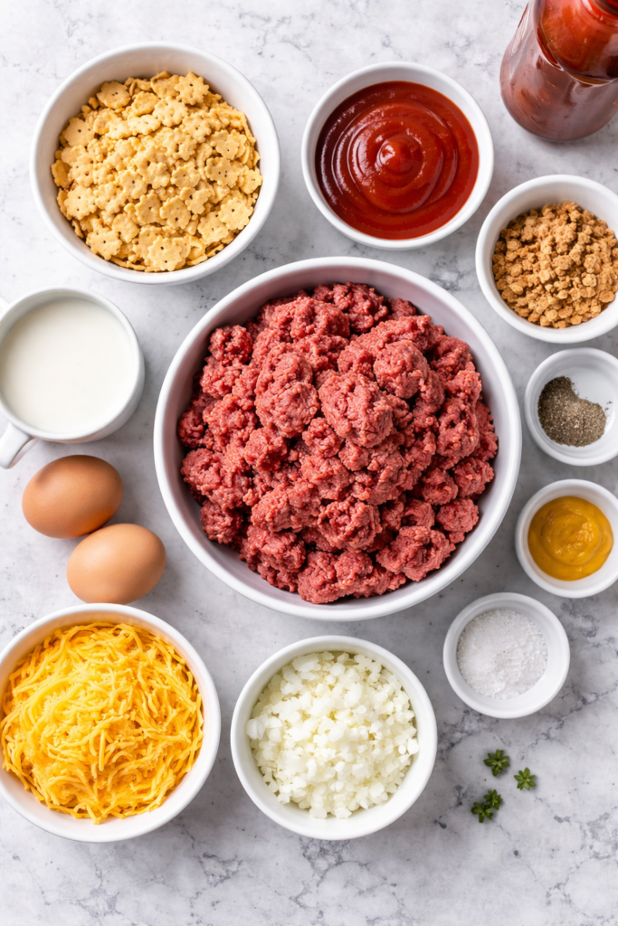 Overhead flat lay of ground beef, crackers, eggs, cheese, onion, milk, ketchup, mustard, and seasonings arranged in white bowls on a marble counter for meatloaf
