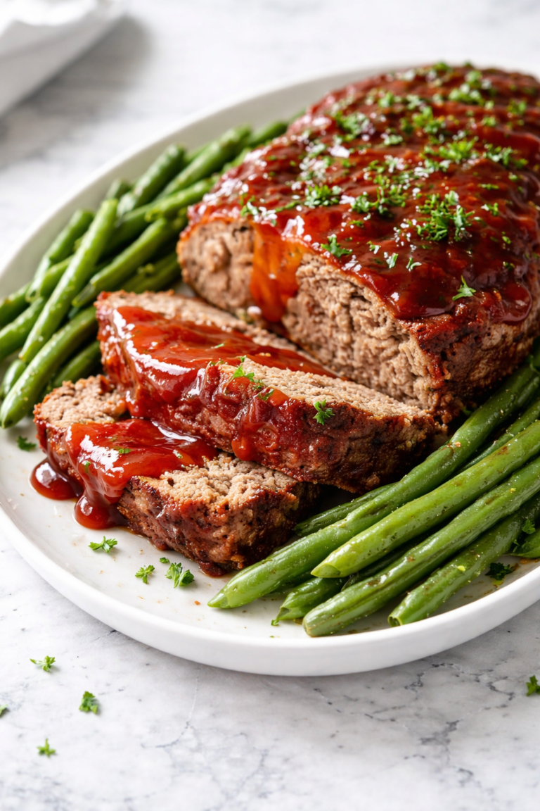 Juicy copycat Cracker Barrel meatloaf with a sweet tangy glaze, sliced and served with green beans on a white platter over a light marble counter
