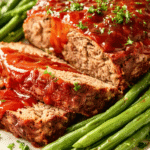 Close-up of copycat Cracker Barrel meatloaf slices with sweet tangy glaze and green beans