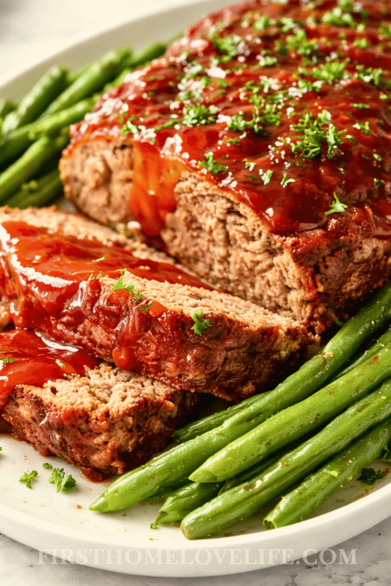 Close-up of copycat Cracker Barrel meatloaf slices with sweet tangy glaze and green beans