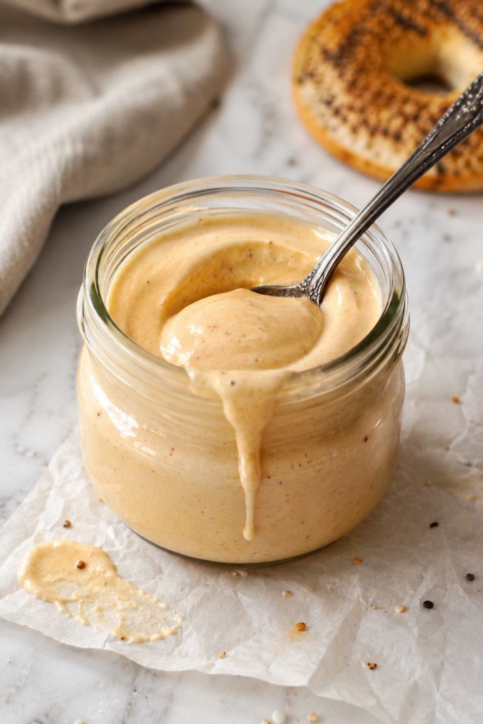 Creamy copycat McDonald’s breakfast sauce in a glass jar with a spoon and sauce drizzled down the side.
