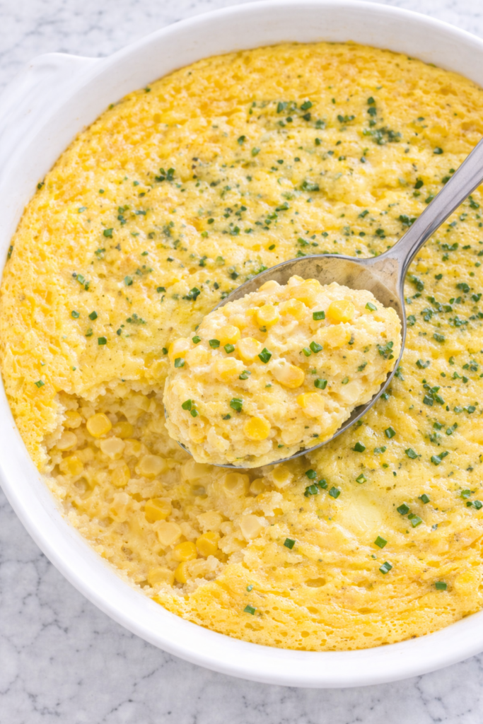 Spoon scooping creamy homemade corn pudding from a white baking dish, bird’s-eye view on marble countertop