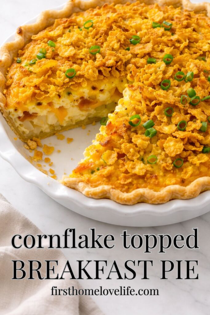 cornflake topped breakfast pie with bacon eggs hash browns and cheese in white pie dish