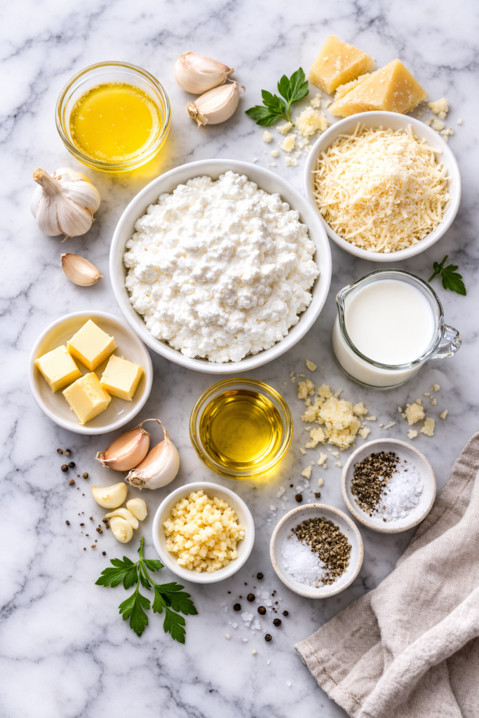 flat lay of cottage cheese alfredo sauce ingredients on marble counter including cottage cheese parmesan garlic butter and milk