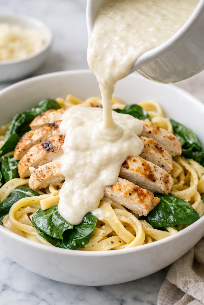 creamy cottage cheese alfredo sauce being poured over chicken fettuccine with spinach in white bowl