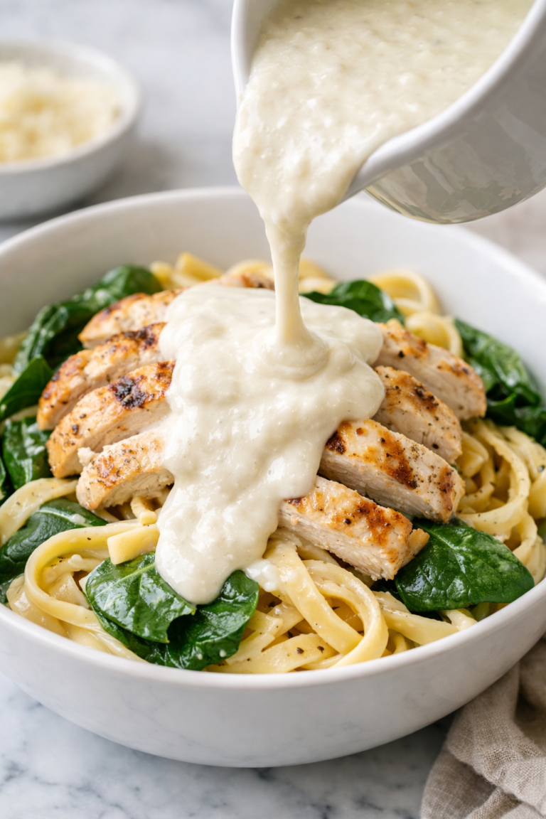 creamy cottage cheese alfredo sauce being poured over chicken fettuccine with spinach in white bowl