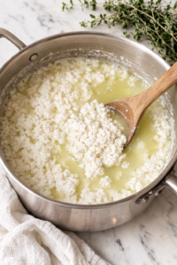 Fresh cottage cheese curds forming in whey in a pot during the cheese making process