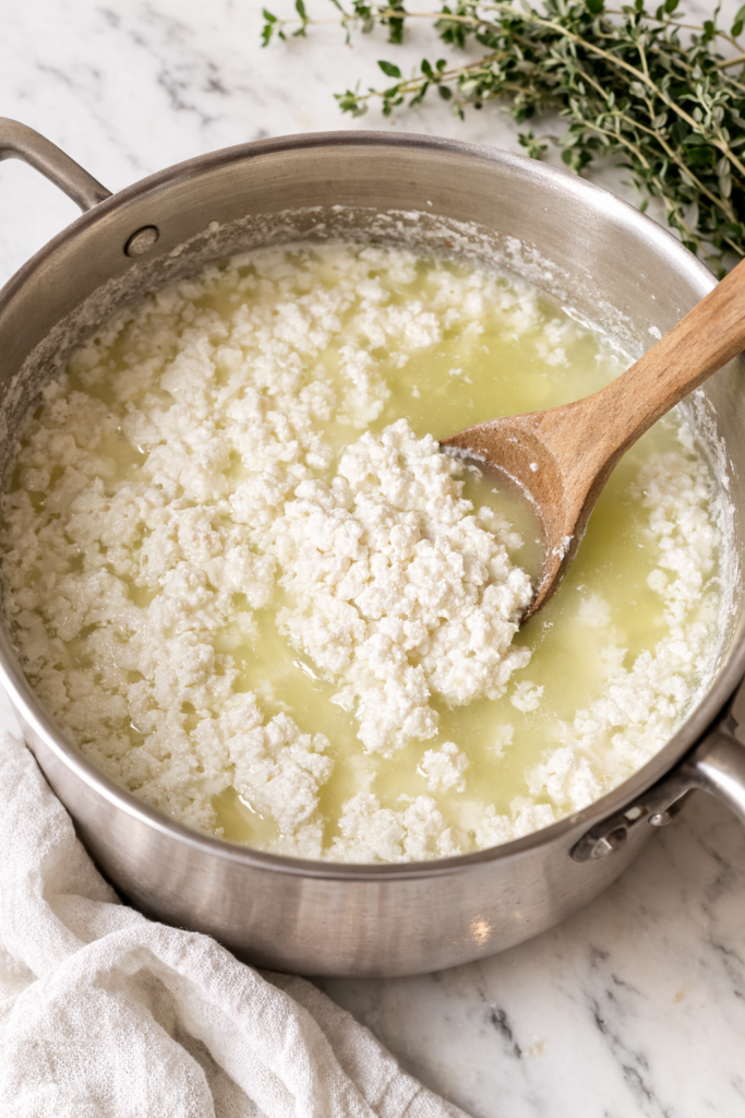 Fresh cottage cheese curds forming in whey in a pot during the cheese making process