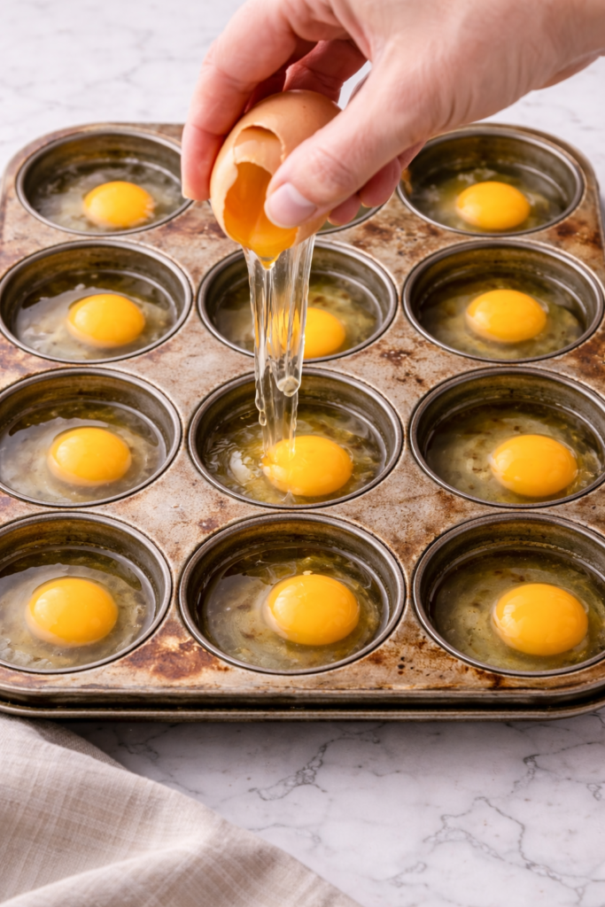 Eggs being cracked into a well used muffin tin with water, shown from above on a marble countertop for oven poached eggs.