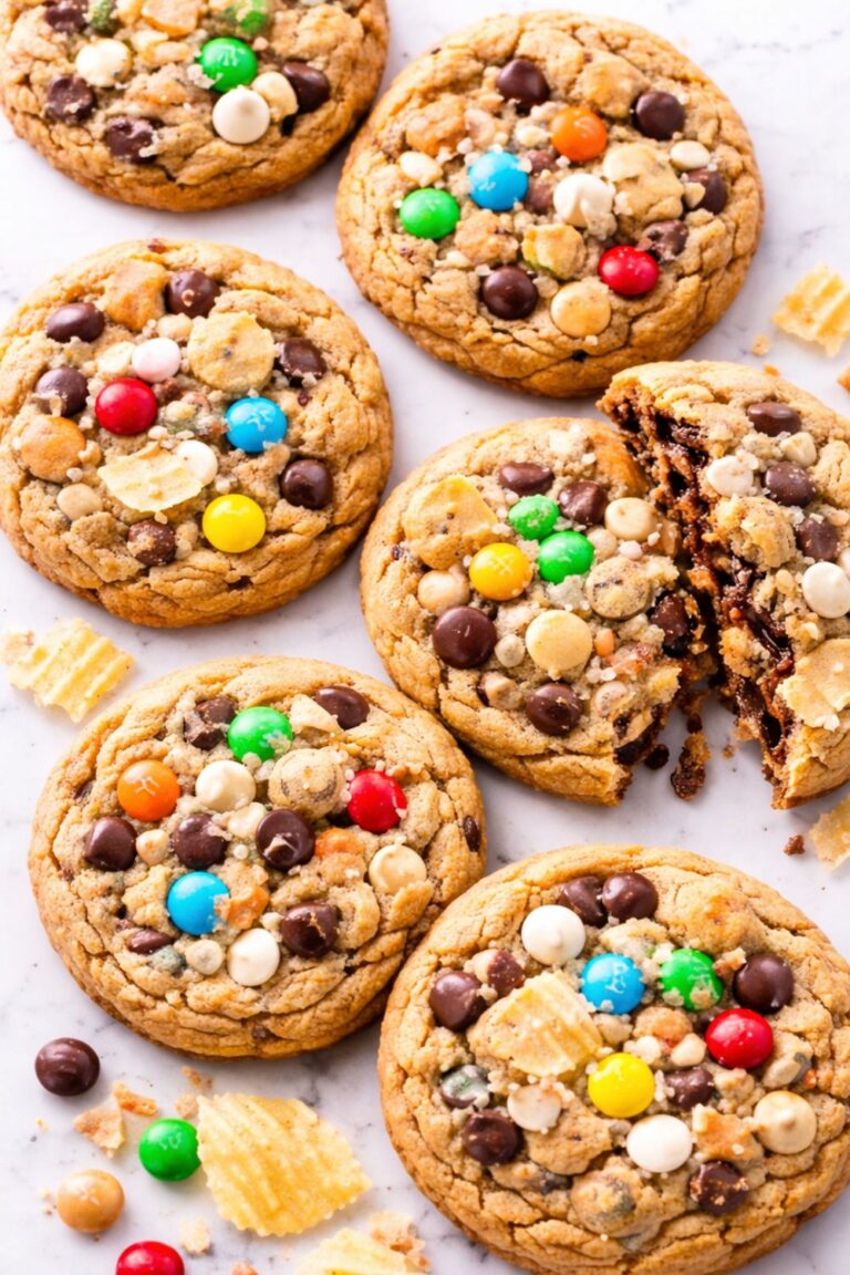 Crazy crack cookies made with brown butter chocolate chip dough loaded with M&Ms, white chocolate chips, butterscotch chips, and potato chips on a marble counter