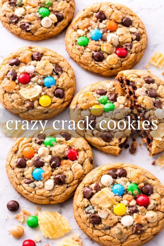 Crazy crack cookies made with brown butter chocolate chip dough loaded with M&Ms, white chocolate chips, butterscotch chips, pretzels, and potato chips on a marble counter