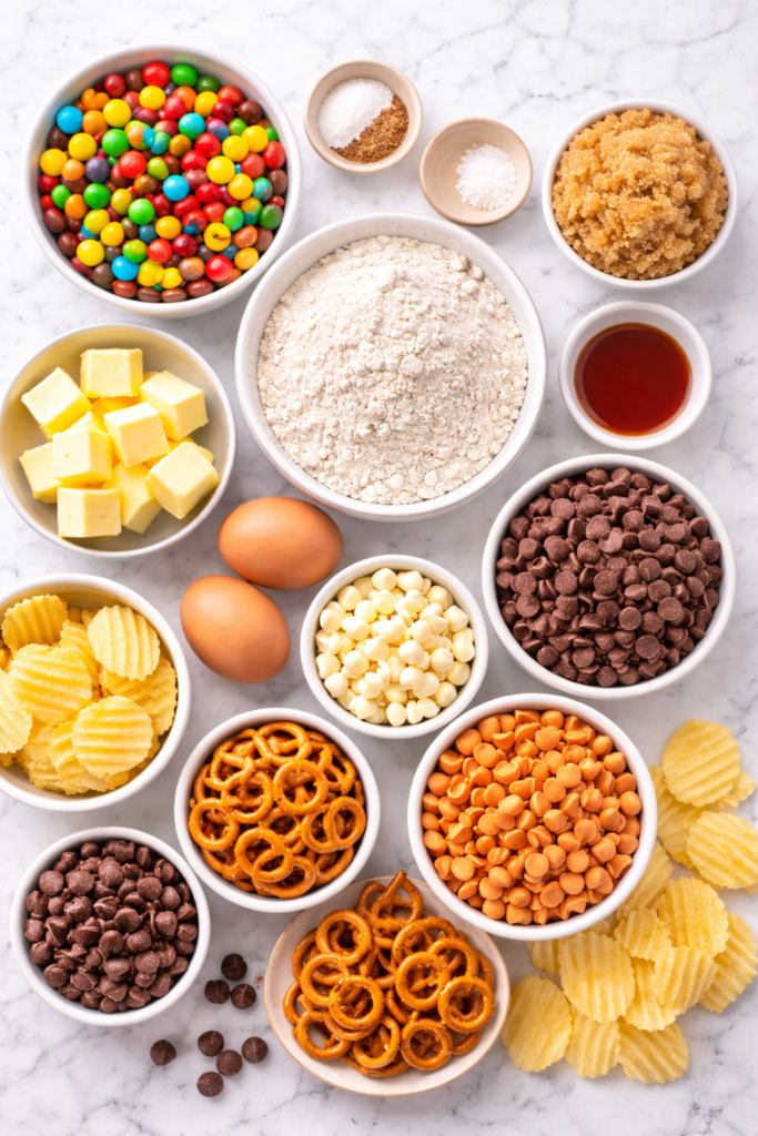 Flat lay of ingredients for crazy crack cookies including flour, brown sugar, butter, eggs, chocolate chips, M&Ms, white chocolate chips, butterscotch chips, pretzels, and potato chips on a marble counter