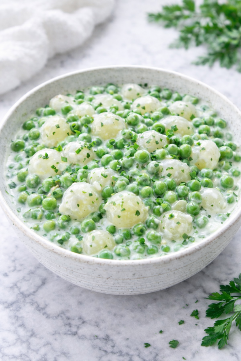 creamed peas and pearl onions in a creamy garlic herb sauce in a white bowl