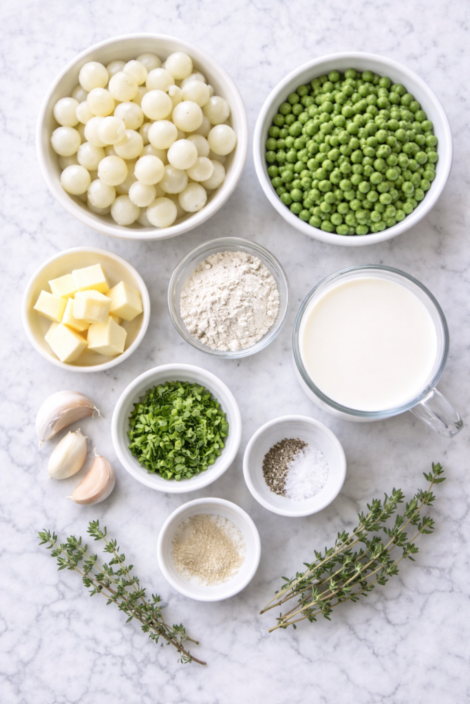 ingredients for creamed peas and pearl onions including peas, pearl onions, milk, butter, flour, garlic, and herbs