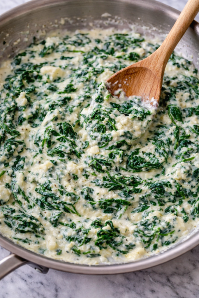 creamed spinach cooking in a saute pan with garlic and cream with visible clumps of spinach and creamy sauce