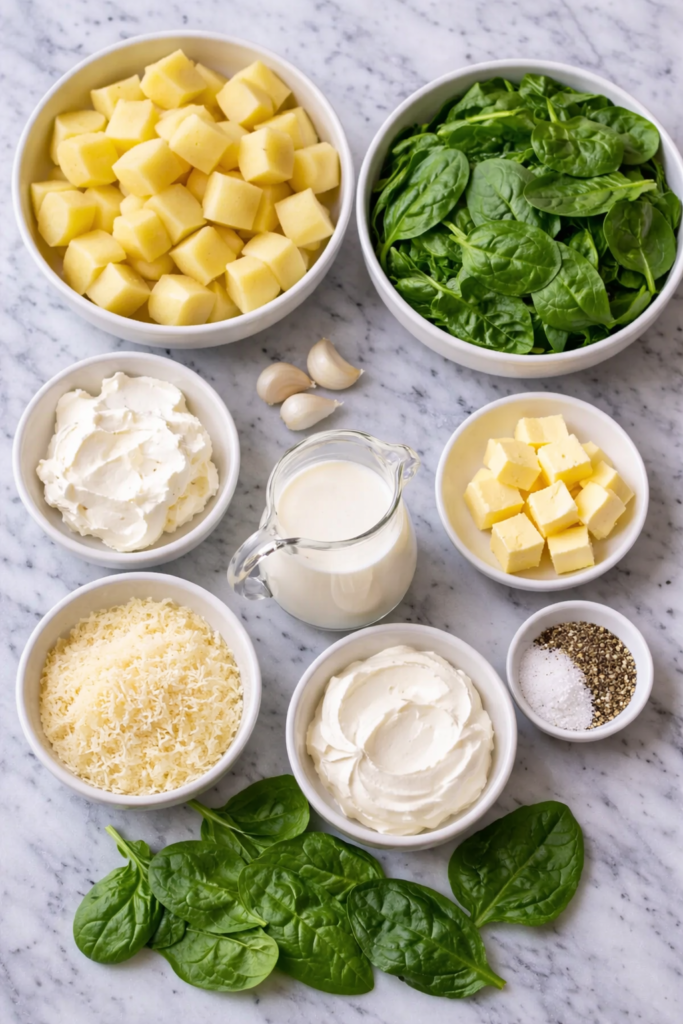 flat lay of ingredients for creamed spinach mashed potatoes on a marble counter with potatoes spinach cream cheese butter and parmesan