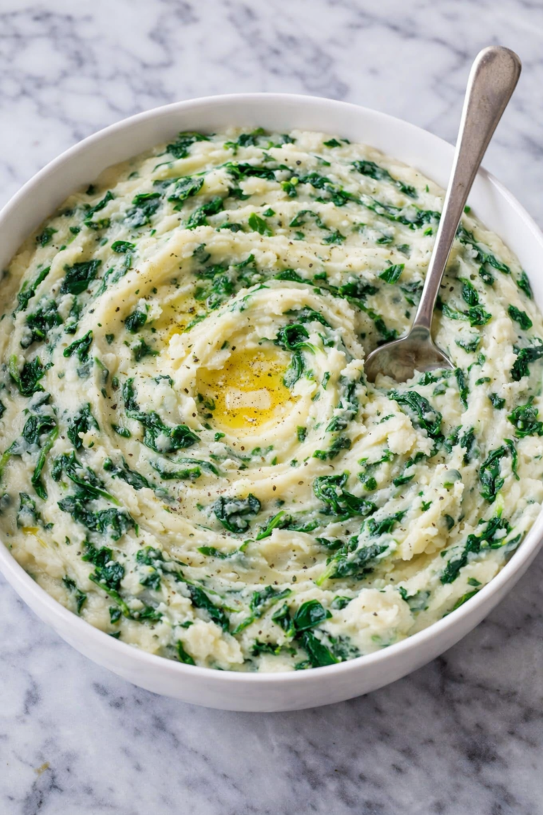 creamy creamed spinach mashed potatoes in a white bowl with butter and spinach on a marble counter