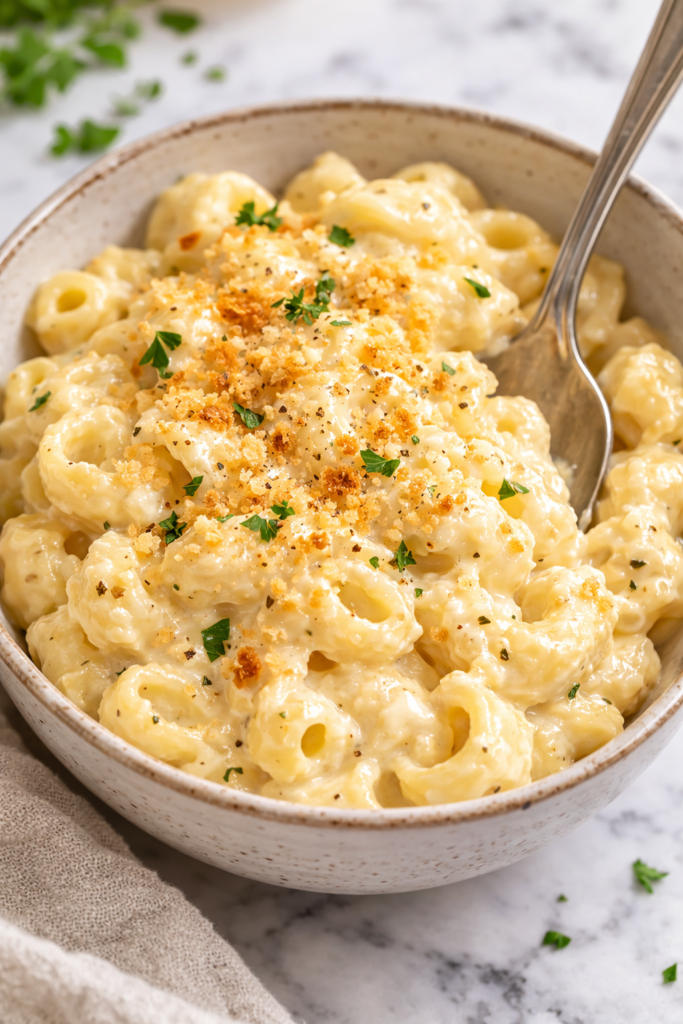 creamy Boursin mac and cheese in a bowl with a spoon on a marble countertop