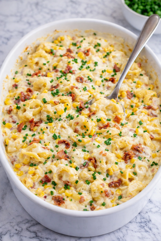 creamy corn and bacon tortellini bake in white dish with cheese sauce on marble counter