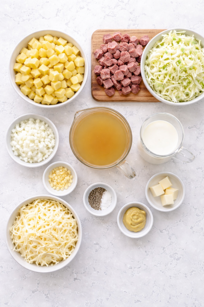 Flat lay of ingredients for creamy potato and Swiss cheese soup with corned beef and cabbage on marble countertop