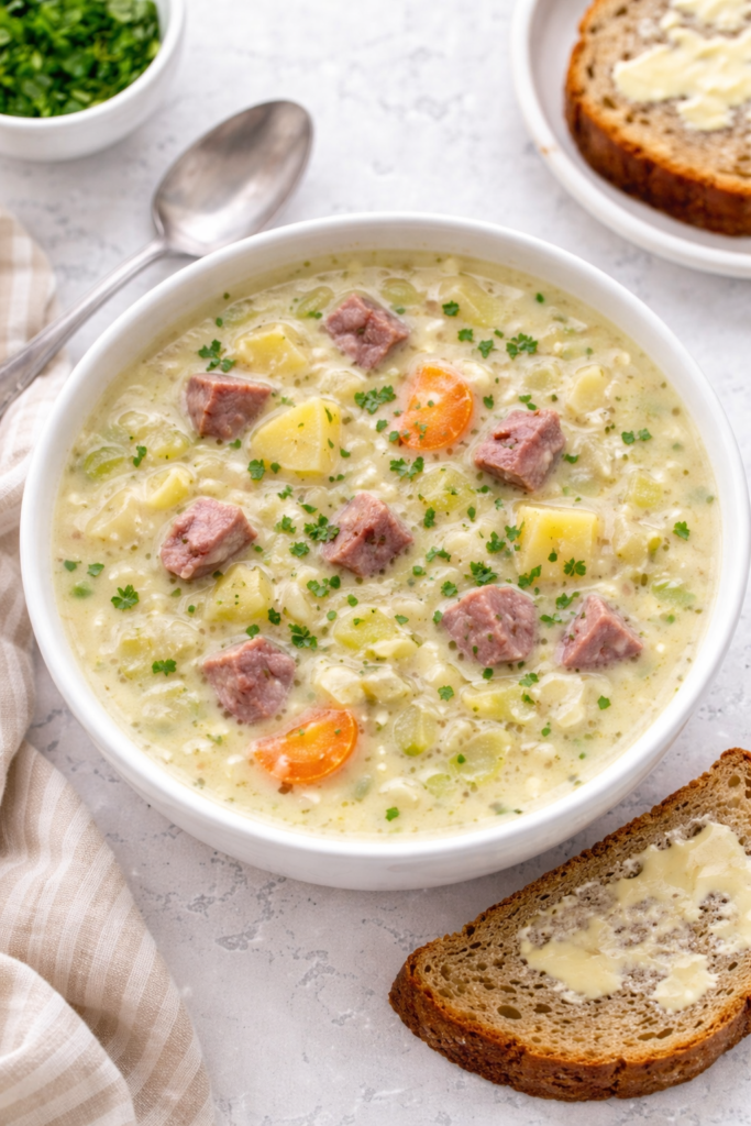 Creamy corned beef and cabbage soup with potatoes and Swiss cheese served in a white bowl with buttered rye bread