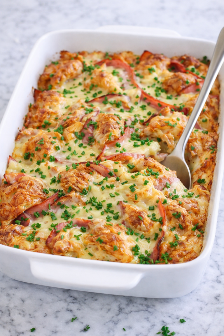 Creamy Dijon croissant breakfast casserole with ham and Swiss cheese baked in a white casserole dish on a marble counter, topped with chopped chives and parsley with a serving spoon tucked into the casserole.