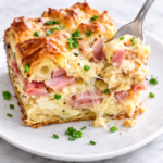 Slice of creamy Dijon croissant breakfast casserole with ham and Swiss cheese