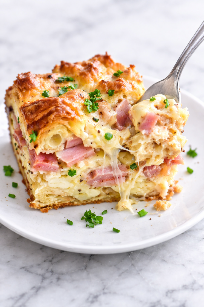 Slice of creamy Dijon croissant breakfast casserole with ham and Swiss cheese