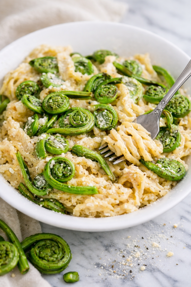 creamy fiddlehead fern pasta in white bowl on marble counter with fork