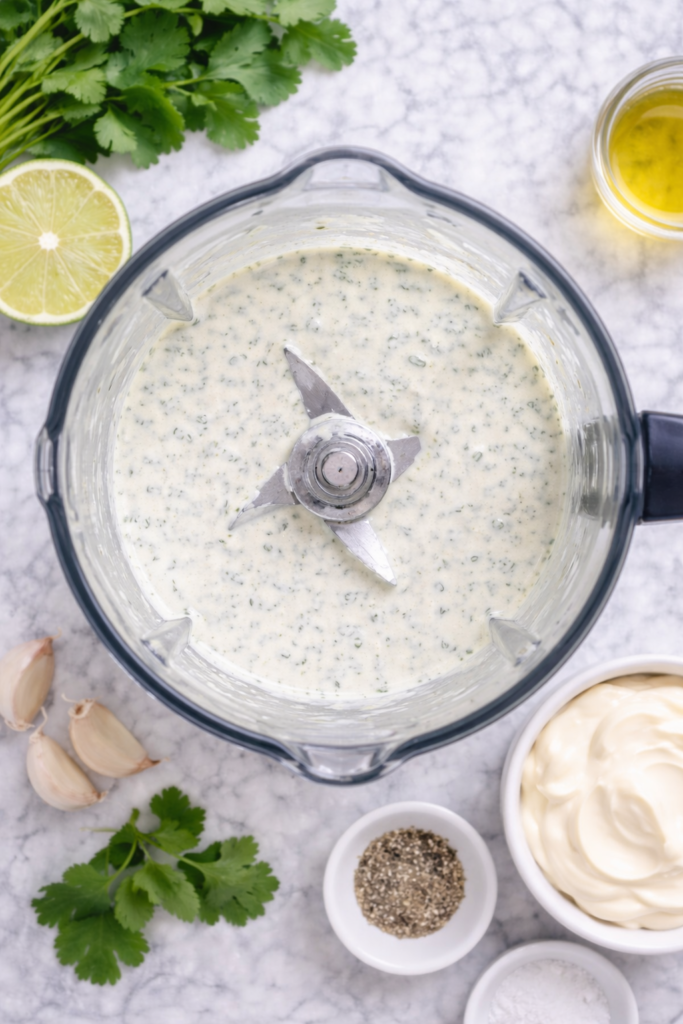 Birds-eye view of creamy garlic cilantro sauce blended in a blender on a marble countertop