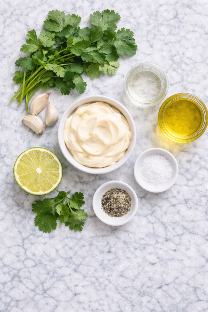 Flat lay of ingredients for creamy garlic cilantro sauce including mayonnaise, fresh cilantro, garlic, lime, olive oil, vinegar, salt, and pepper on a marble countertop