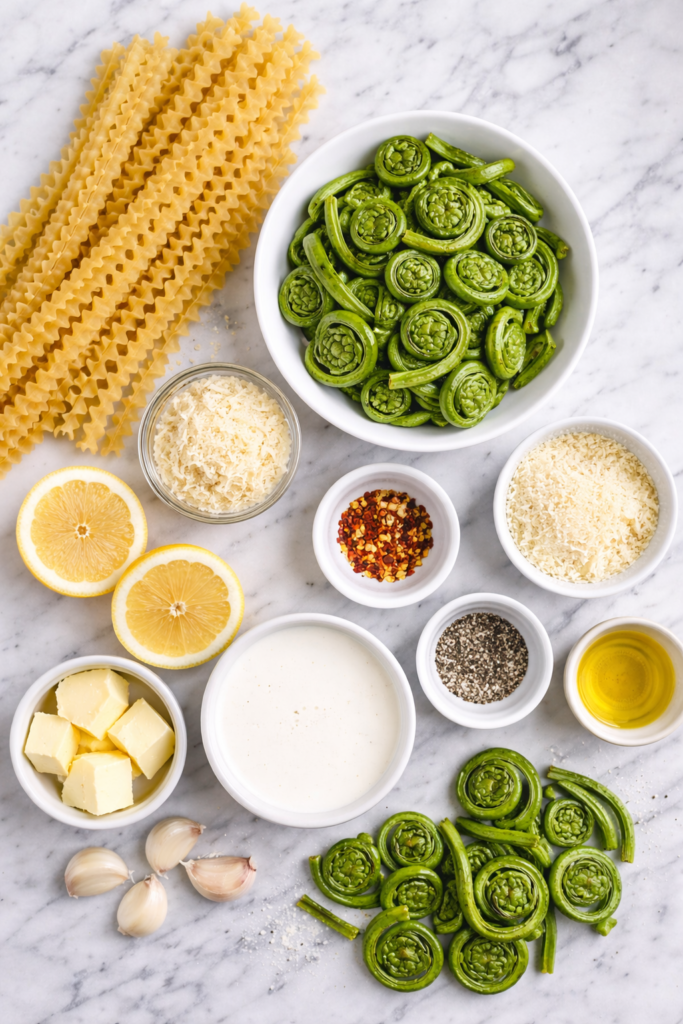 flat lay of ingredients for creamy garlic fiddlehead pasta on marble counter