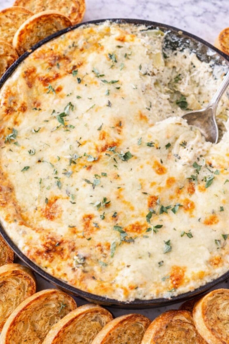 creamy garlic herb artichoke dip baked in skillet with melted cheese and toasted baguette slices