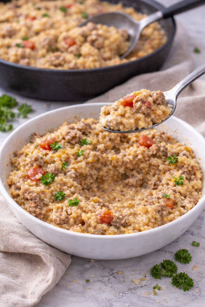 A hearty bowl of creamy ground beef and rice with a spoonful lifted out, showing its rich, cheesy texture with the skillet in the background