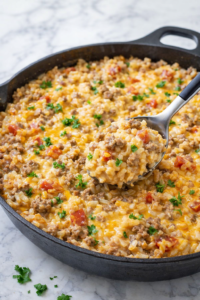 Creamy ground beef and rice skillet with melted cheese, diced tomatoes, and a spoon scooping a serving from a cast iron pan on a marble countertop