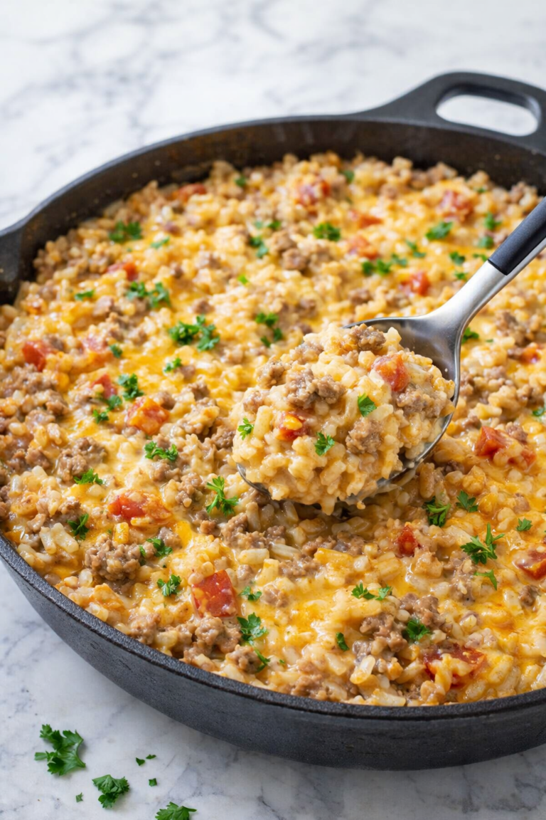 Creamy ground beef and rice skillet with melted cheese, diced tomatoes, and a spoon scooping a serving from a cast iron pan on a marble countertop