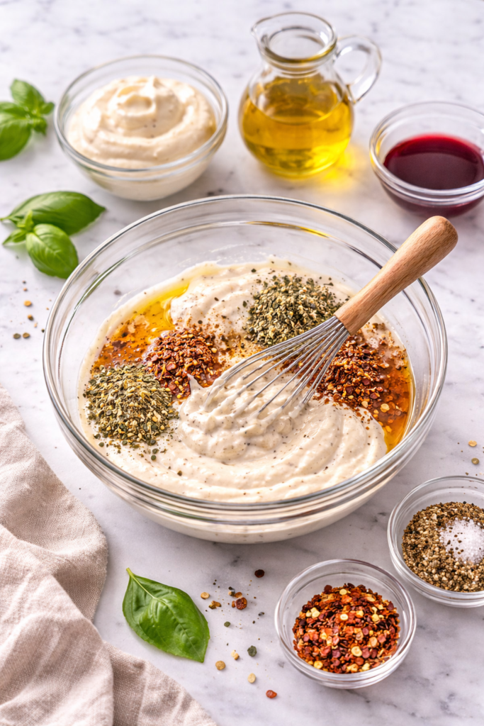 Creamy Italian grinder dressing being whisked in a glass bowl with olive oil, vinegar, and seasonings on marble countertop