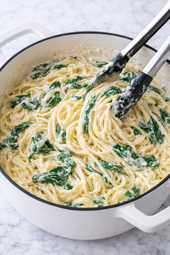 Creamy lemon ricotta pasta with spinach being tossed with tongs in a white Dutch oven