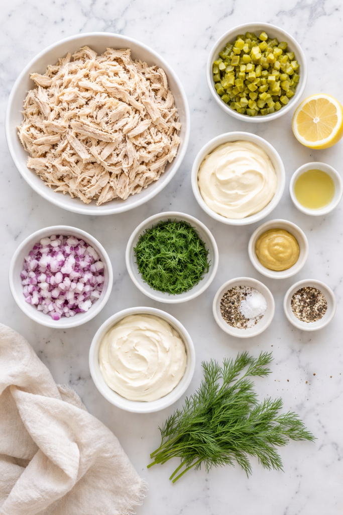 ingredients for creamy pickle chicken salad laid out on marble counter with chicken pickles dill and dressing