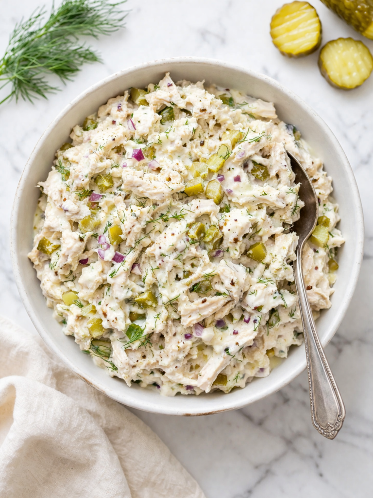 creamy pickle chicken salad with dill pickles and red onion in white bowl on marble counter