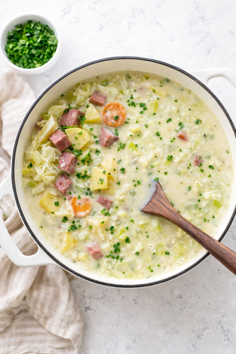 Creamy potato and Swiss cheese soup with corned beef and cabbage in a white Dutch oven with dark wood spoon