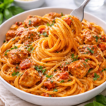 Fork twirling creamy roasted red pepper chicken pasta with spaghetti, tender chicken, parmesan, and fresh basil