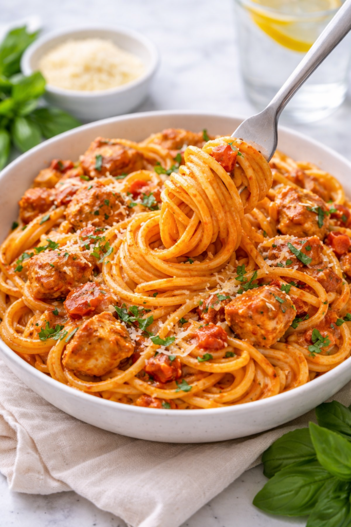 Fork twirling creamy roasted red pepper chicken pasta with spaghetti, tender chicken, parmesan, and fresh basil