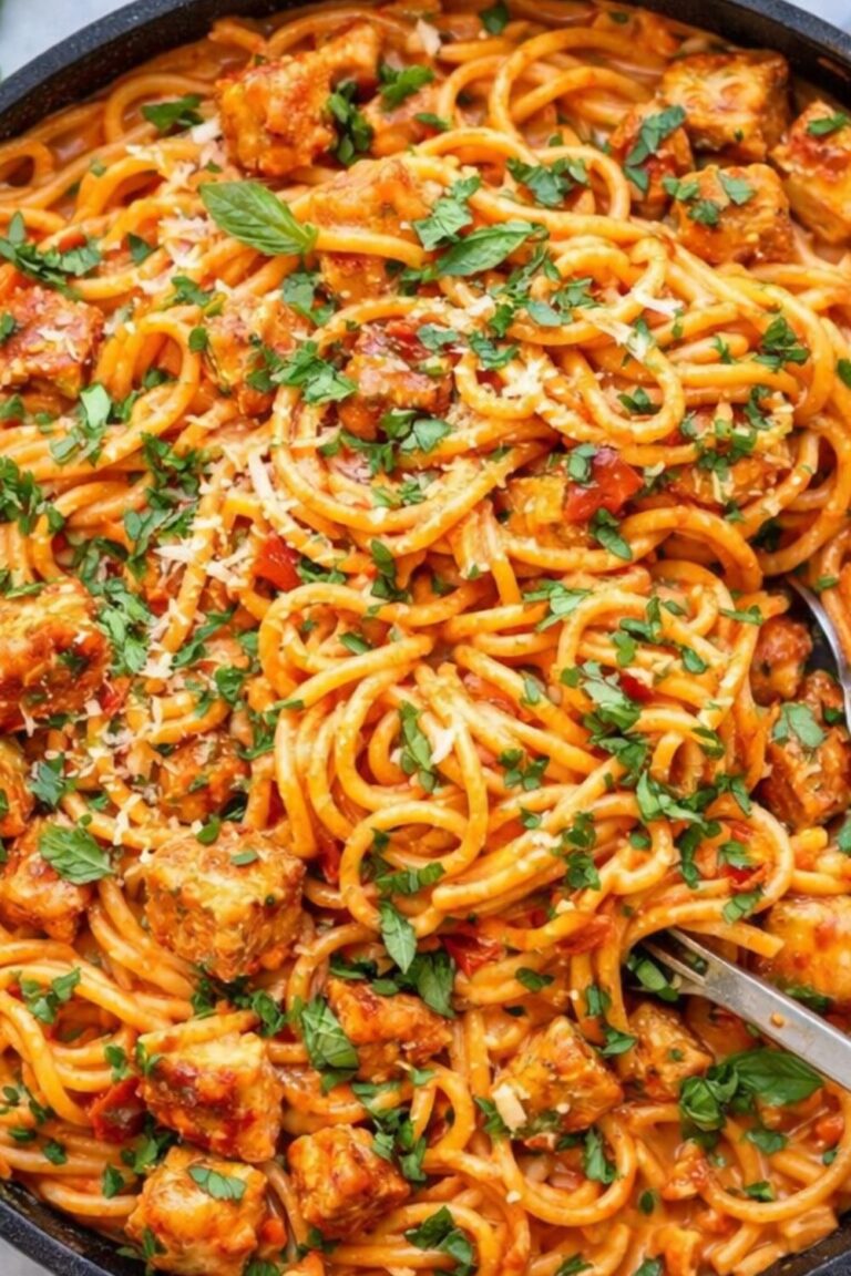Creamy roasted red pepper chicken pasta with spaghetti, tender seasoned chicken, fresh basil, and grated parmesan cheese