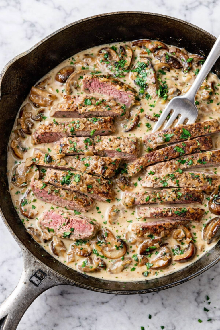 Creamy steak marsala and mushrooms in a black skillet with sliced steak, a rich marsala cream sauce, sautéed mushrooms, fresh parsley, and a serving fork on a white marble countertop.