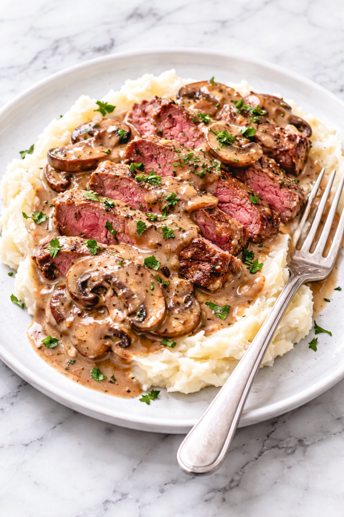 Sliced steak marsala with creamy mushroom gravy served over mashed potatoes on a white plate with a fork on a white marble countertop.