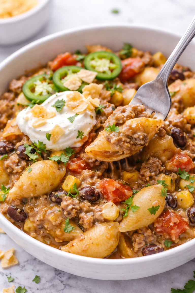 creamy taco pasta bowl with fork scoop sour cream tortilla chips and cilantro